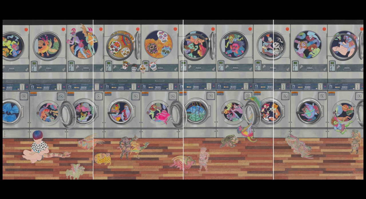 "Laundromat" ink and color on silk painting by Liu Tianlian from Yiwei Gallery, 9 feet long