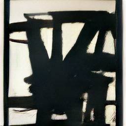 best image that the open-source AI DALL·E Mini (now Craiyon) generated from prompt "Painting of a black cat with white markings sitting on a chair by Franz Kline"